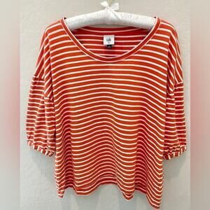 CABI | Orange Striped Cotton Oversized Comfy Casual Puff Sleeve Top | XS